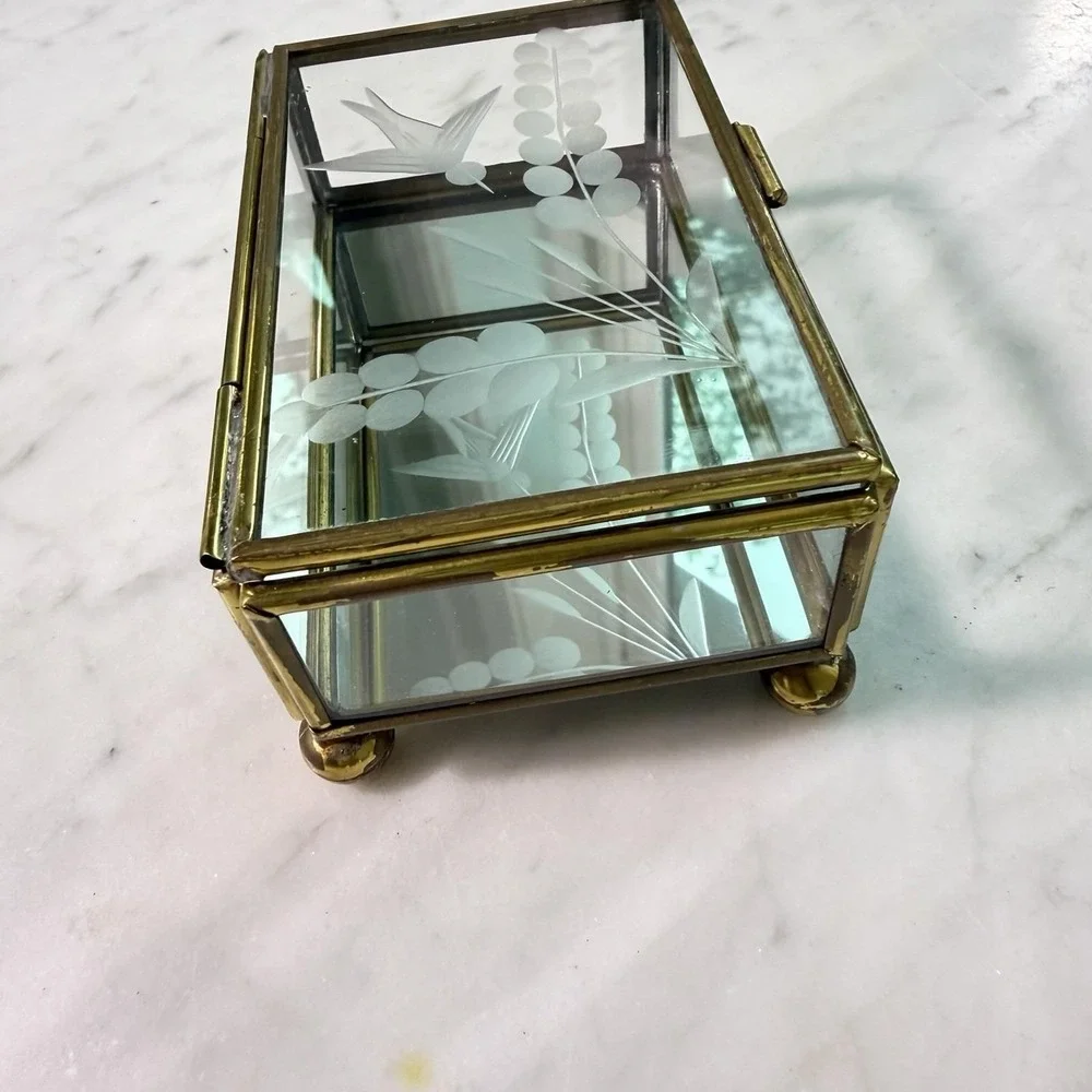 Vintage 80s Mexican Brass Etched Glass Swallow Trinket Box‎ Bird Vanity Mirror